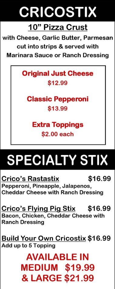 Crico's Pizza & Subs - Crico Stix Menu