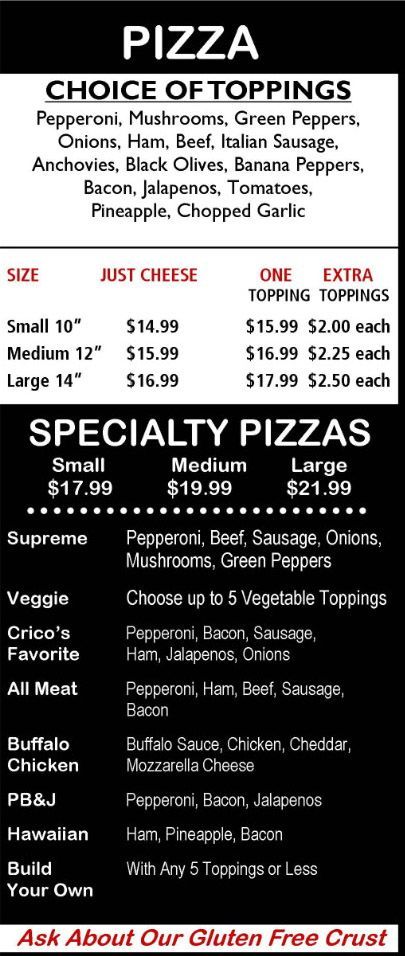 A pizza menu with a choice of toppings and specialty pizzas.