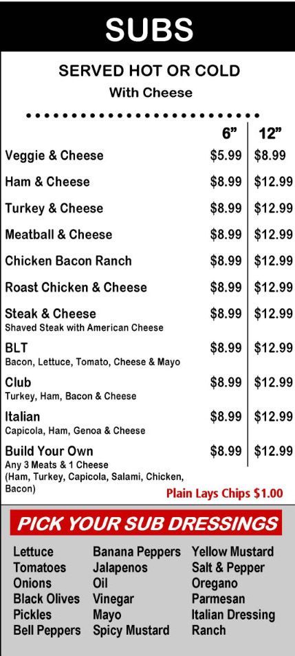 Crico's Pizza Sub Sandwich Menu