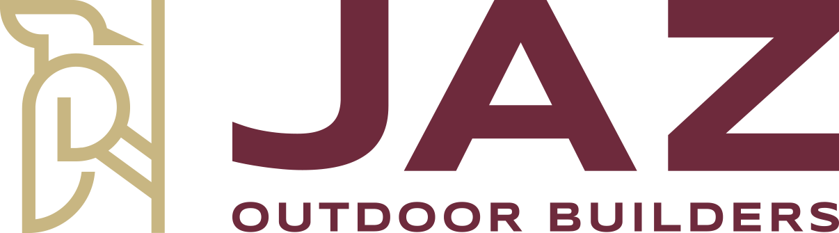 Logo for JAZ Outdoor Builders in burgundy and gold.