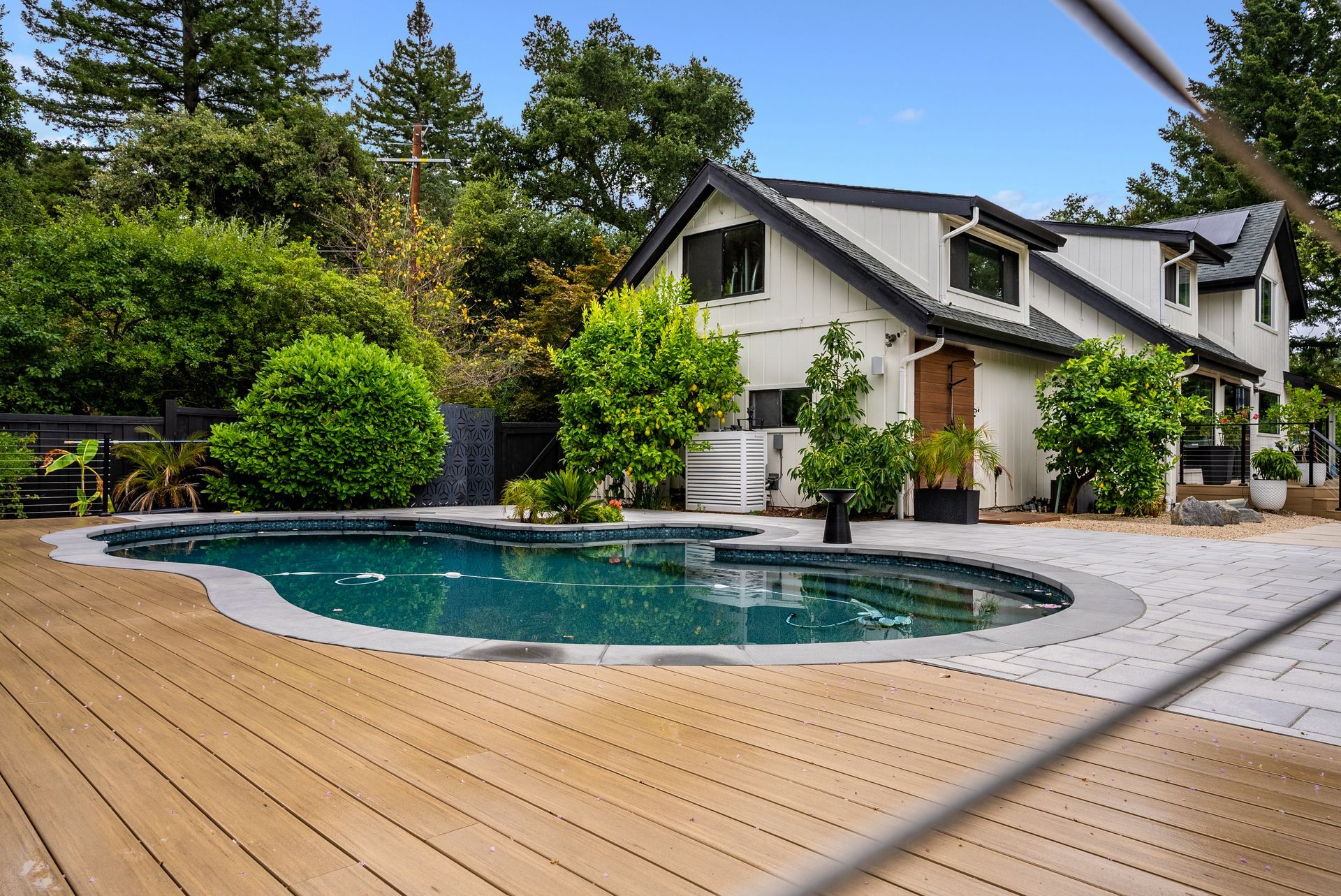 Backyard with a curved swimming pool, wood deck, and modern house surrounded by trees.