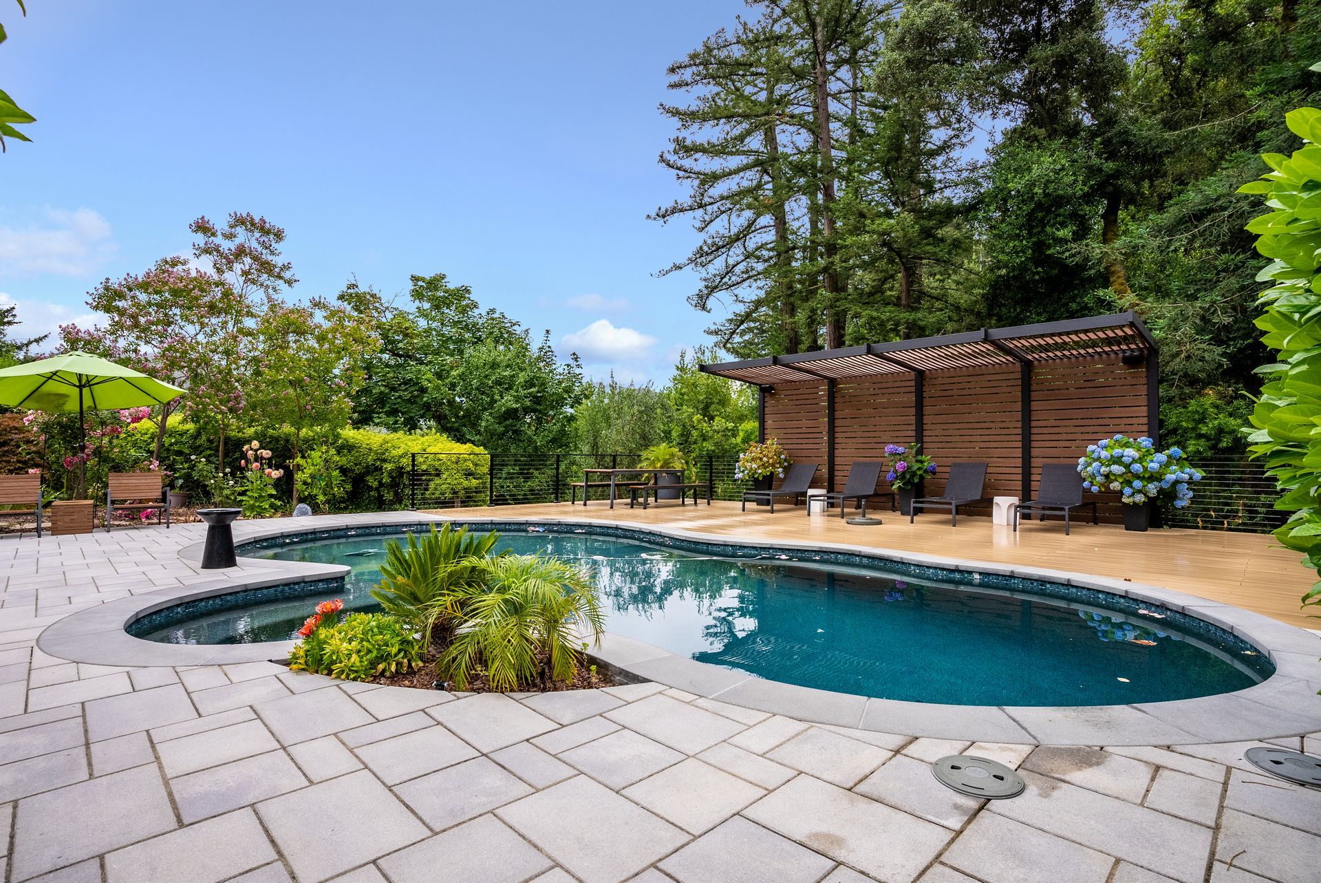 Curved backyard pool with stone patio, pergola seating, and lush greenery under a clear blue sky