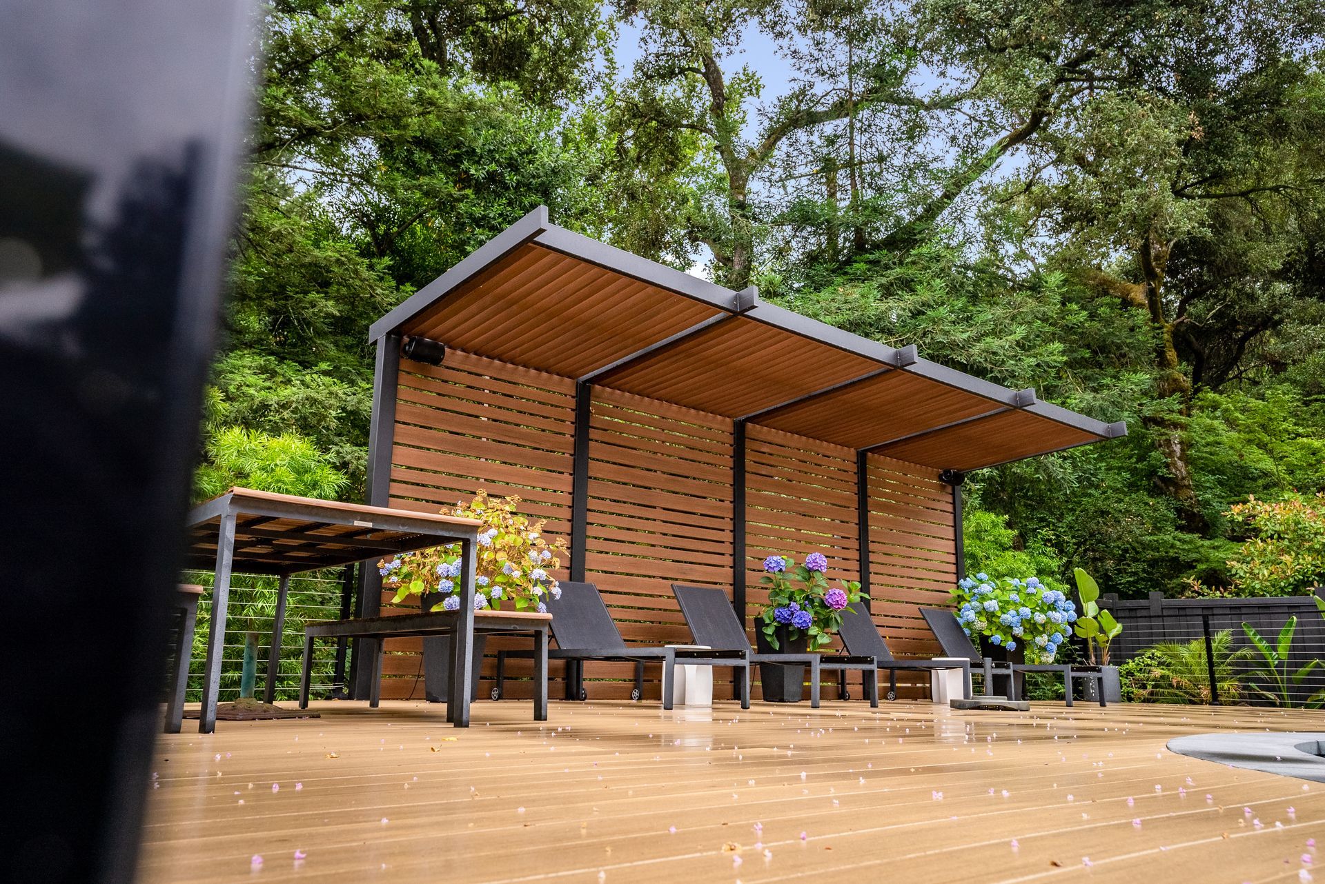 Outdoor wooden shelter with benches and potted flowers on a wet patio, surrounded by trees
