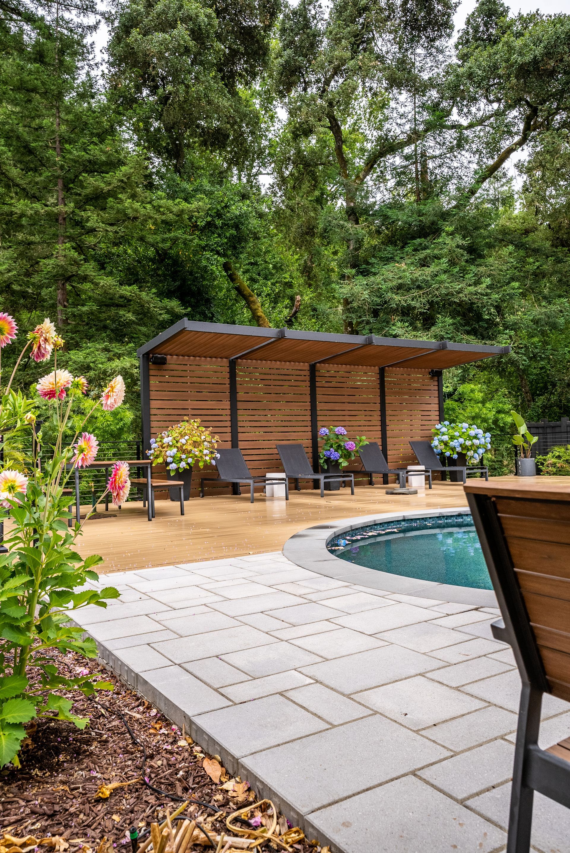 Brown wooden deck with stairs and black metal railings against a house in a sunny backyard.