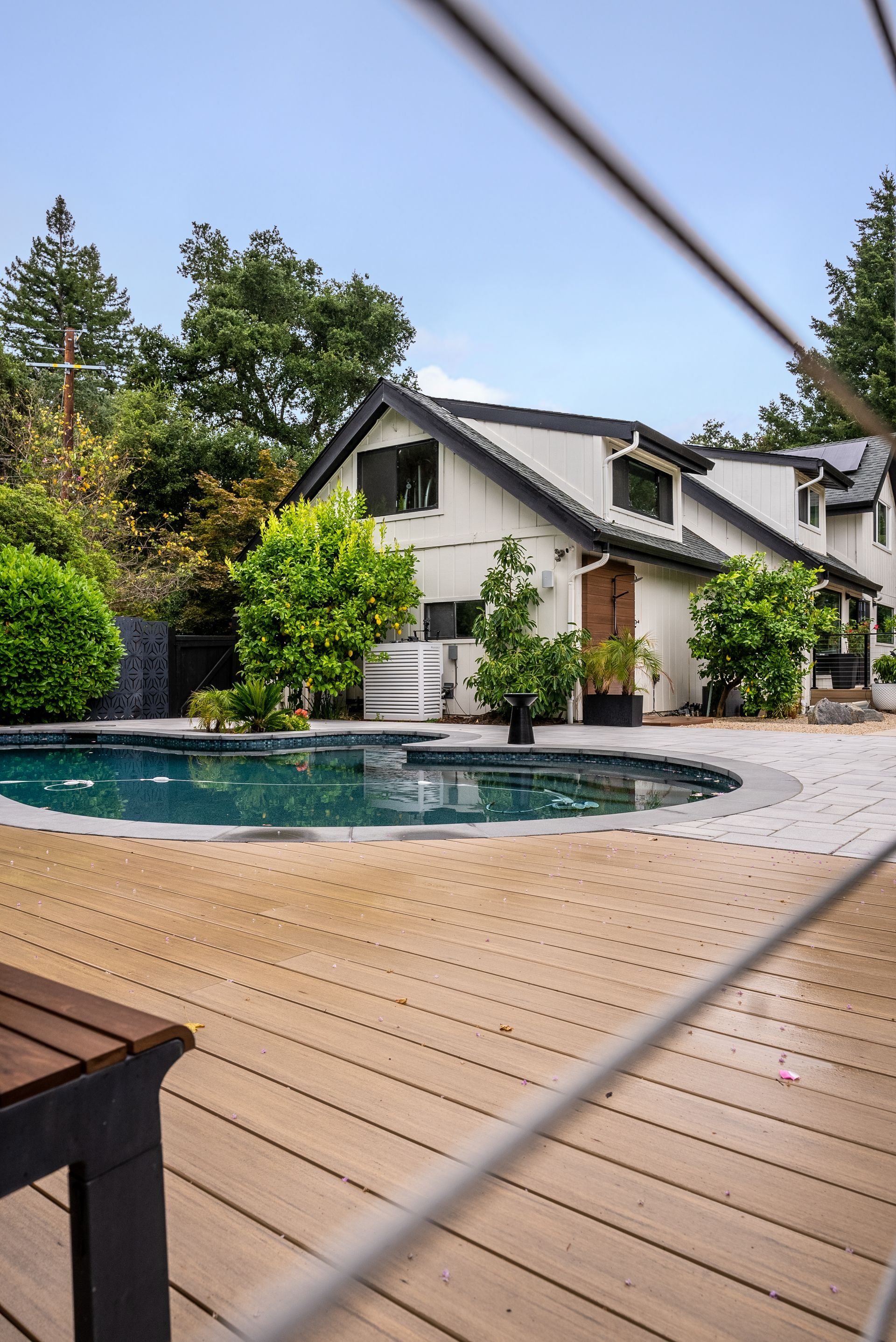 Modern house with pool and wooden deck in a landscaped backyard