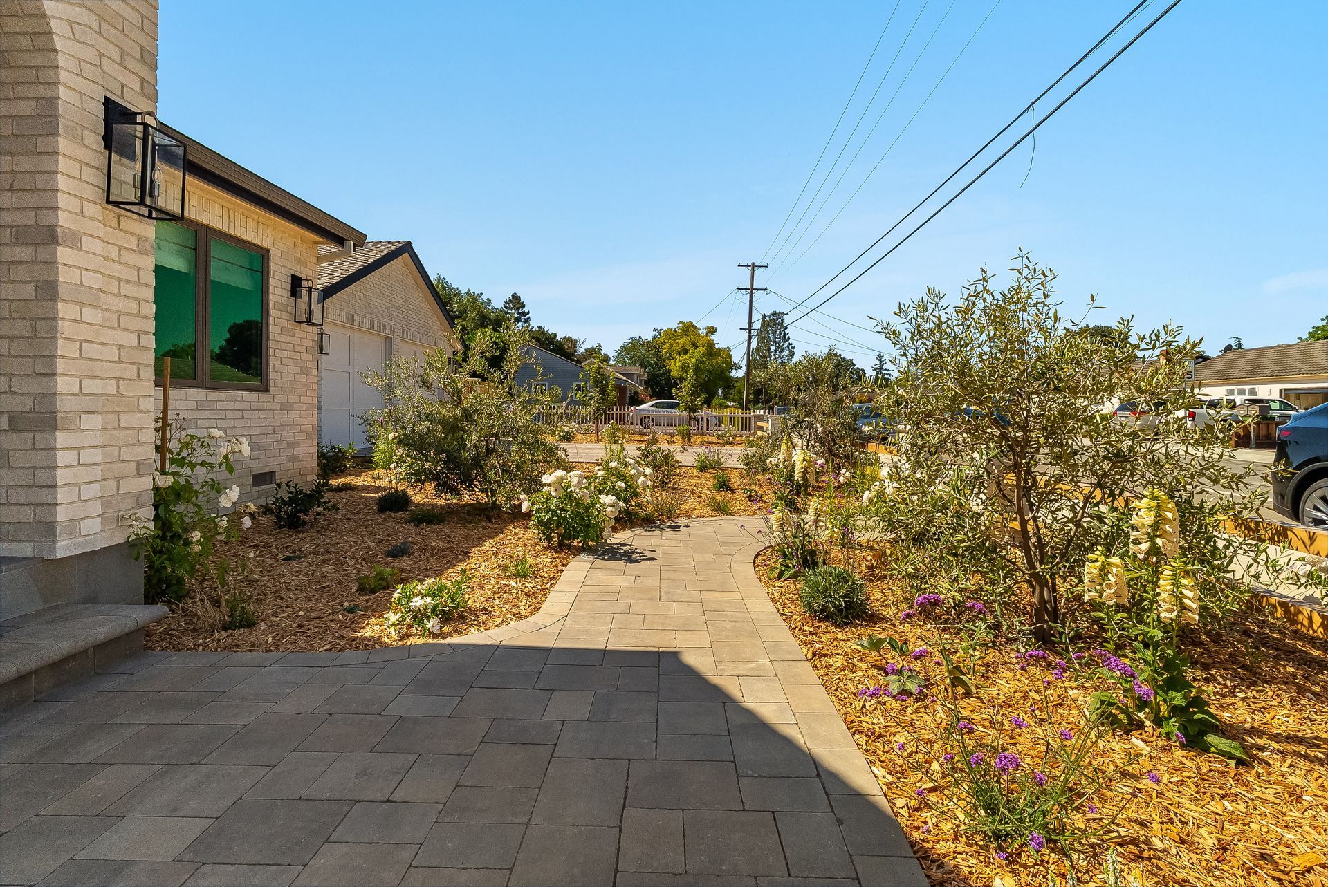 Desert-style front yard with a stone walkway, shrubs, and a house exterior under a clear blue sky