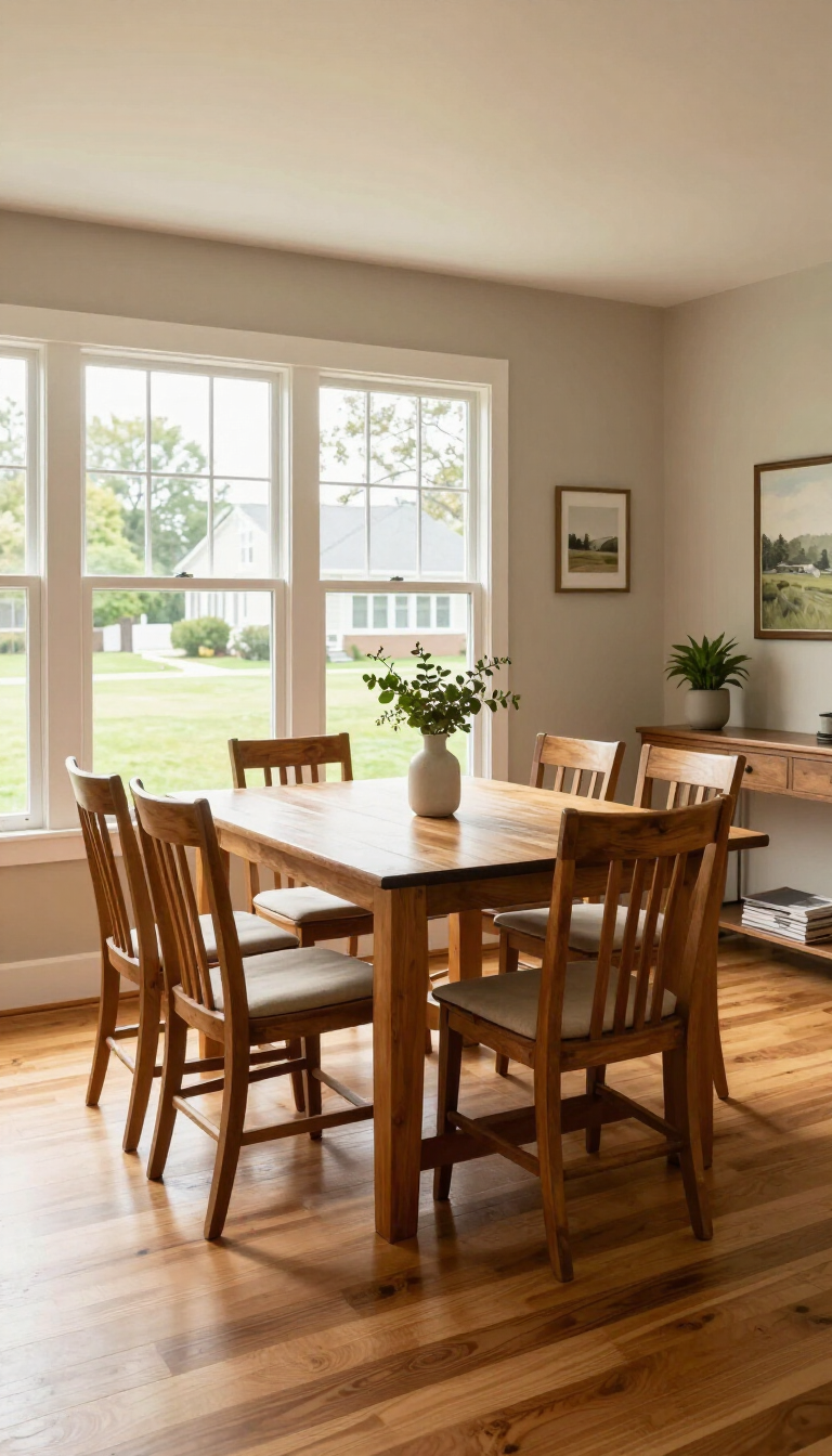 A dining room with a table and chairs and a wooden staircase.
