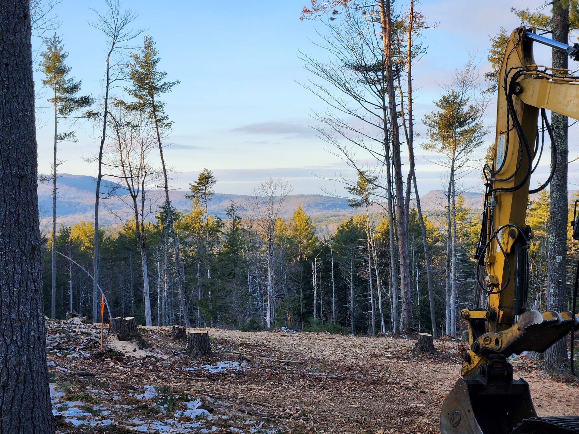 A yellow excavator parked on a cleared construction site overlooking a forest and distant mountains under a blue sky.