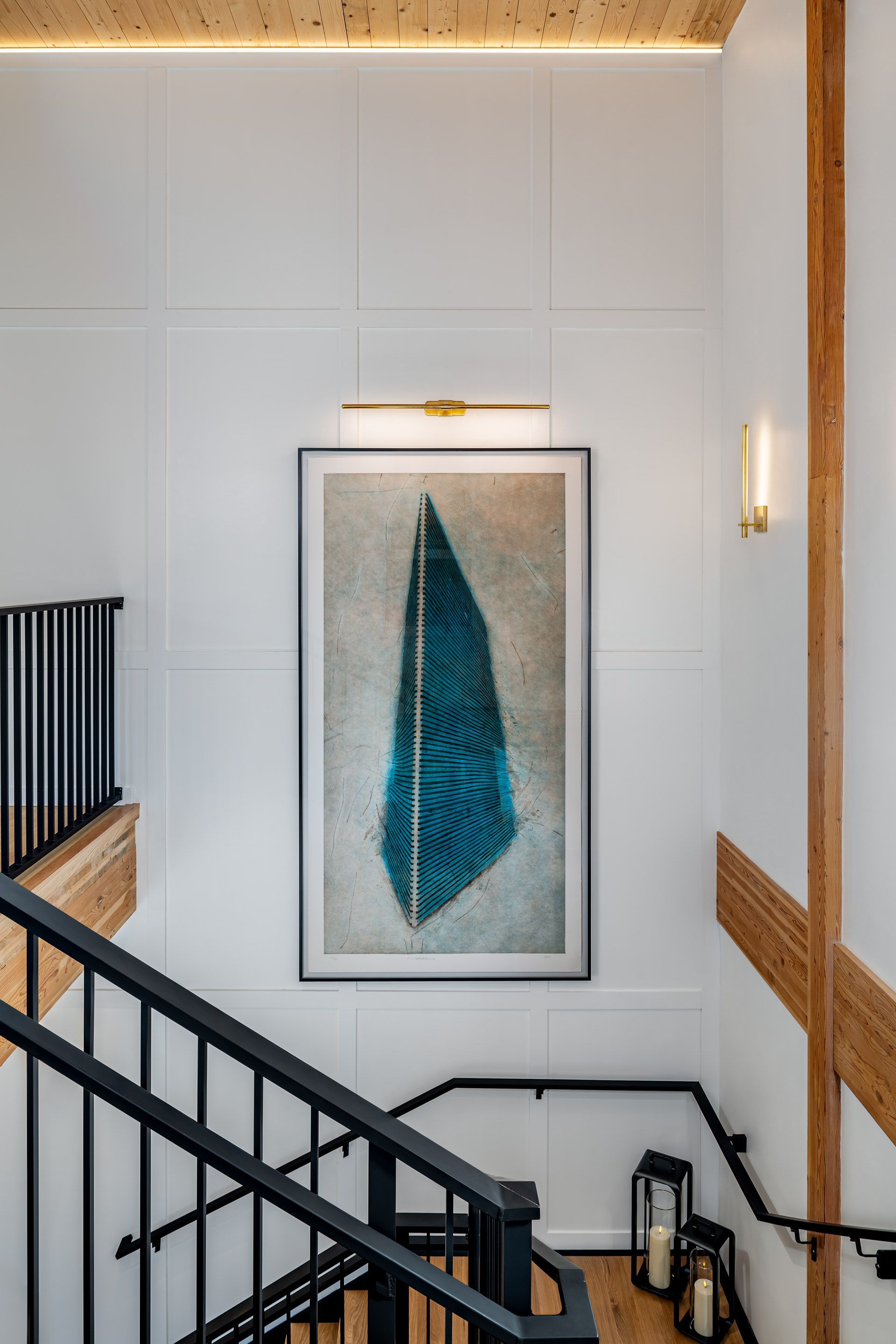 Stairway art display and view downstairs