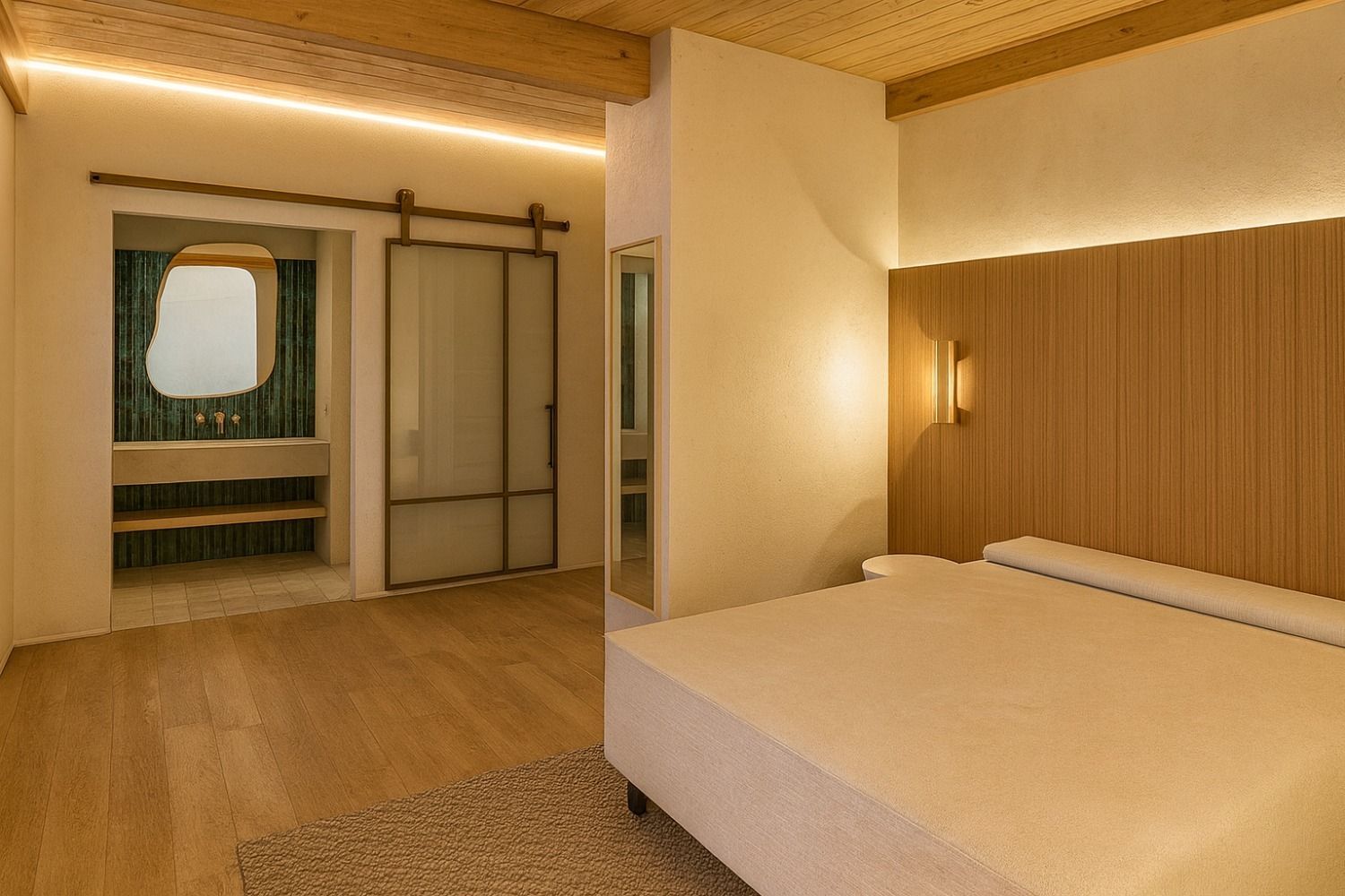 Bedroom with wooden accents, sliding glass door to bathroom, beige and warm lighting.