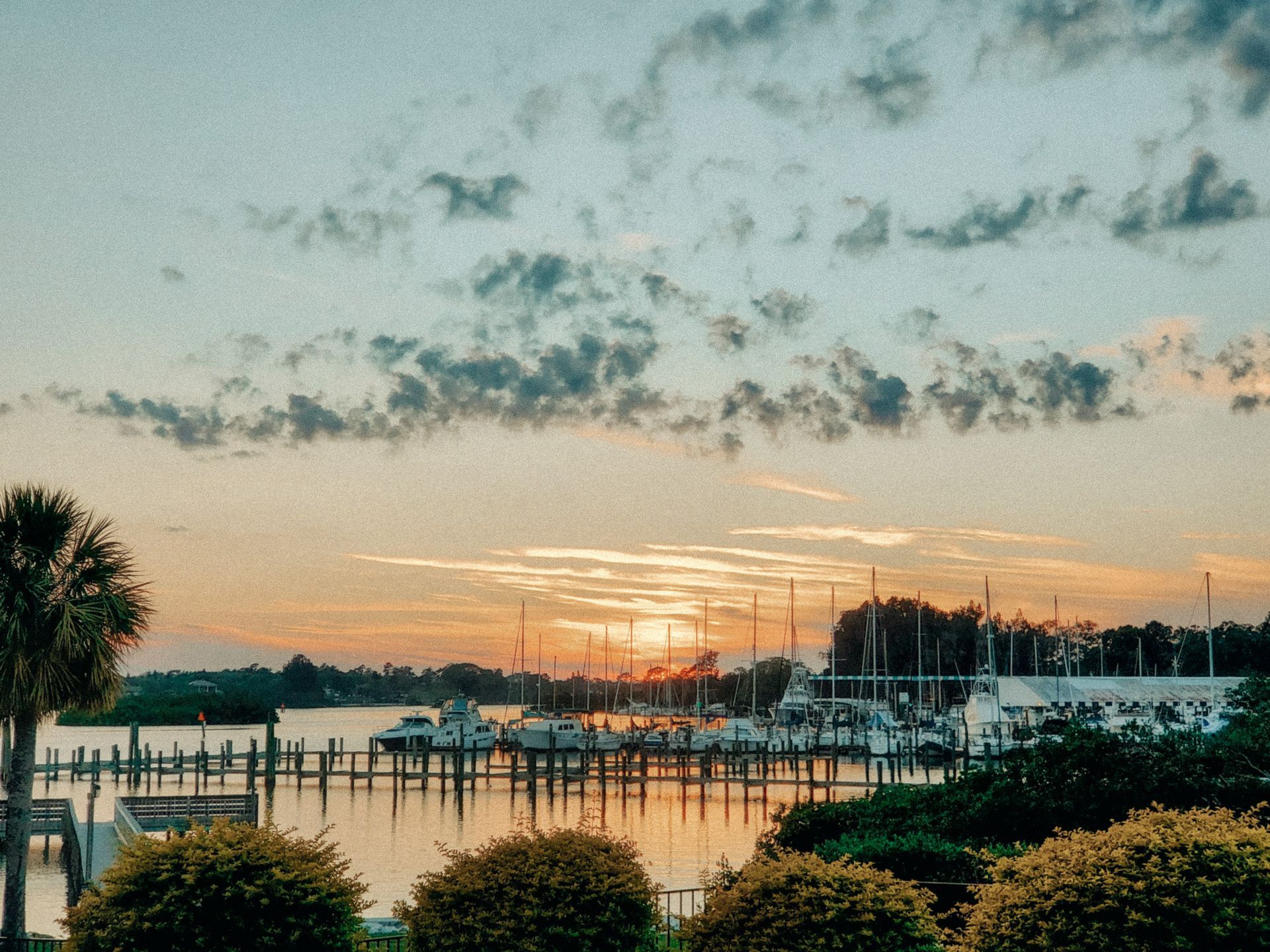 Sunset over a harbor, boats docked along a pier, clouds in the sky, palm trees and bushes in the foreground.