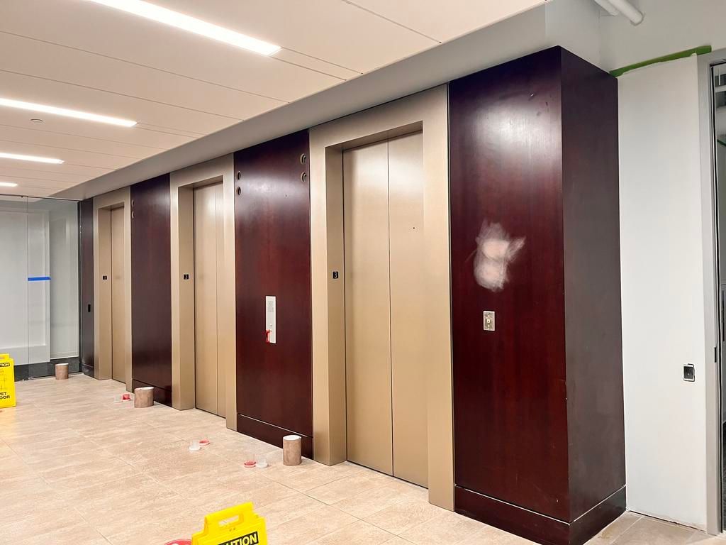 A row of elevators in a building with their doors open.