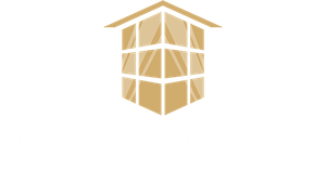 A logo of a house with a roof and windows on a white background.