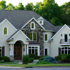 Large modern suburban house with stone facade, white trim, and manicured front landscaping