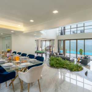 Modern dining room with set table, blue chairs, indoor plants, and large windows overlooking a pool