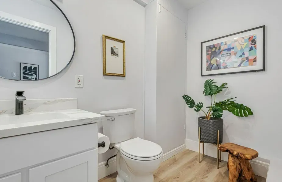 Bright bathroom with white vanity, toilet, round mirror, wall art, and a potted plant on a small stand.