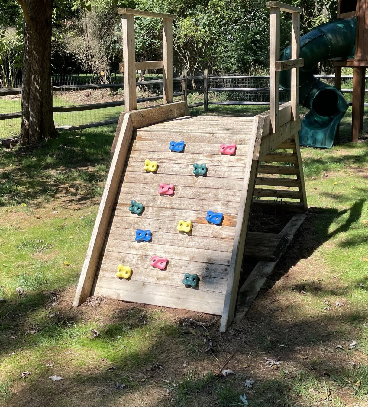 Playground with climbing wall, steps, and slide in a grassy yard, near trees and a fence.