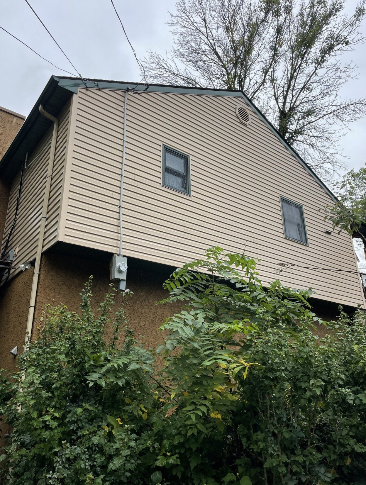 Side of a two-story beige house with two windows and a small round attic window. Overgrown bushes obscure the base.