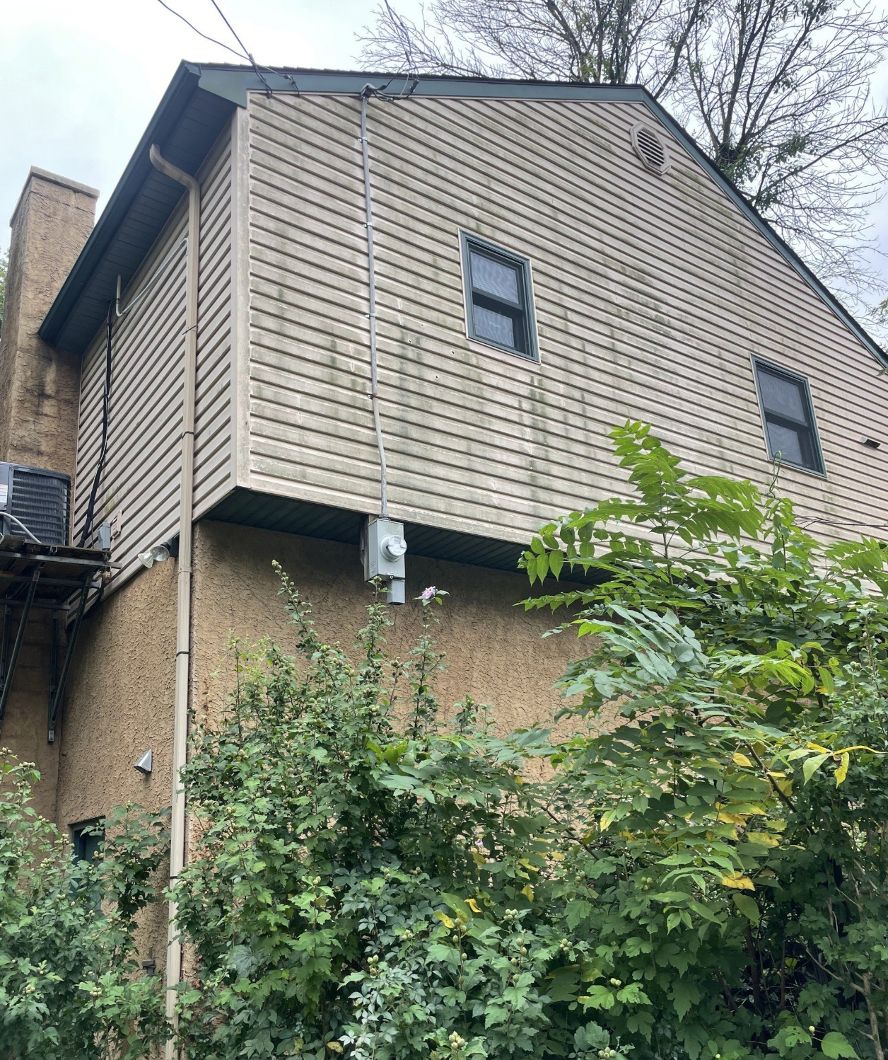 Two-story house with tan siding, visible water stains, and lush green bushes.