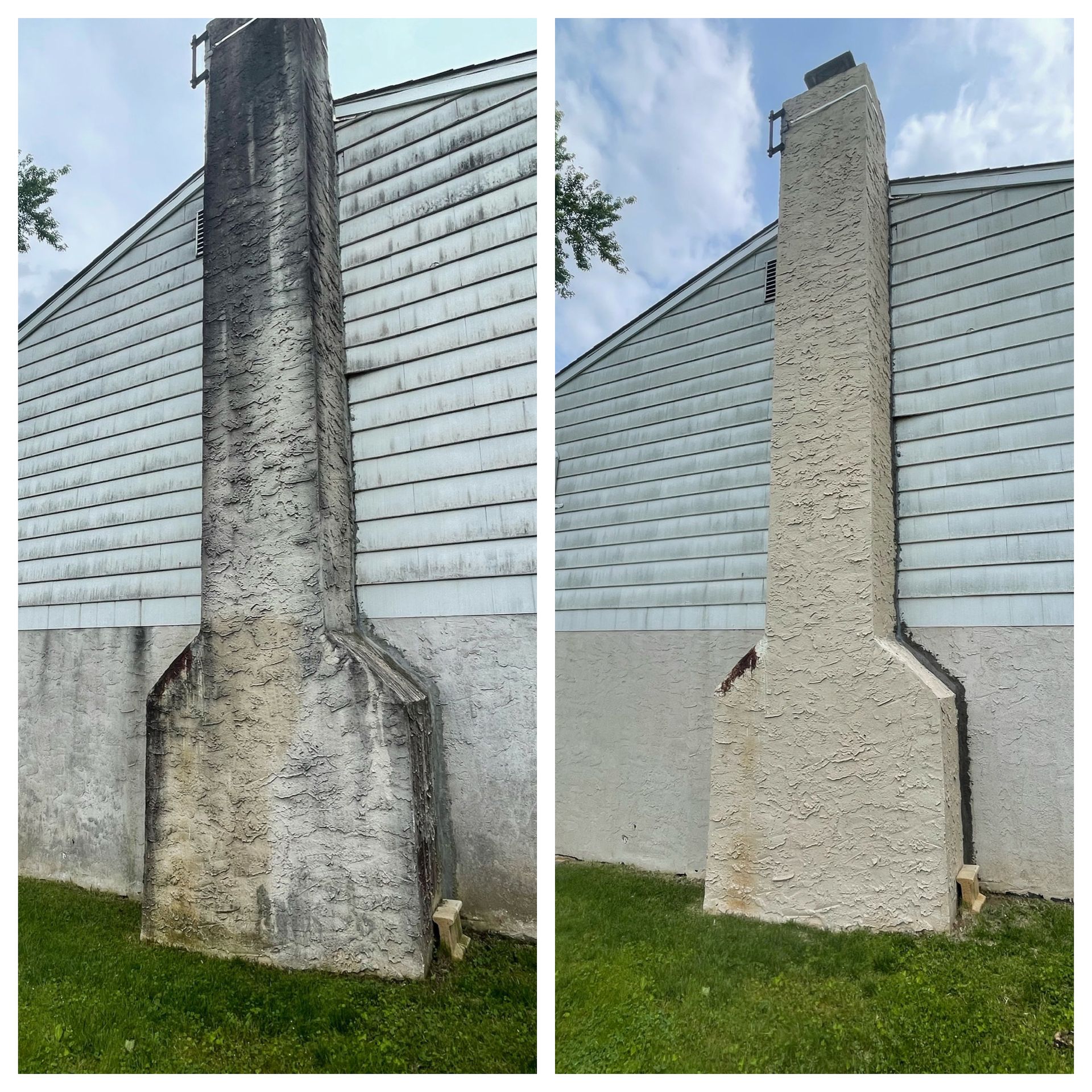 Before-and-after comparison showing a stucco chimney being cleaned of dark grime and mildew to a light, clean finish.