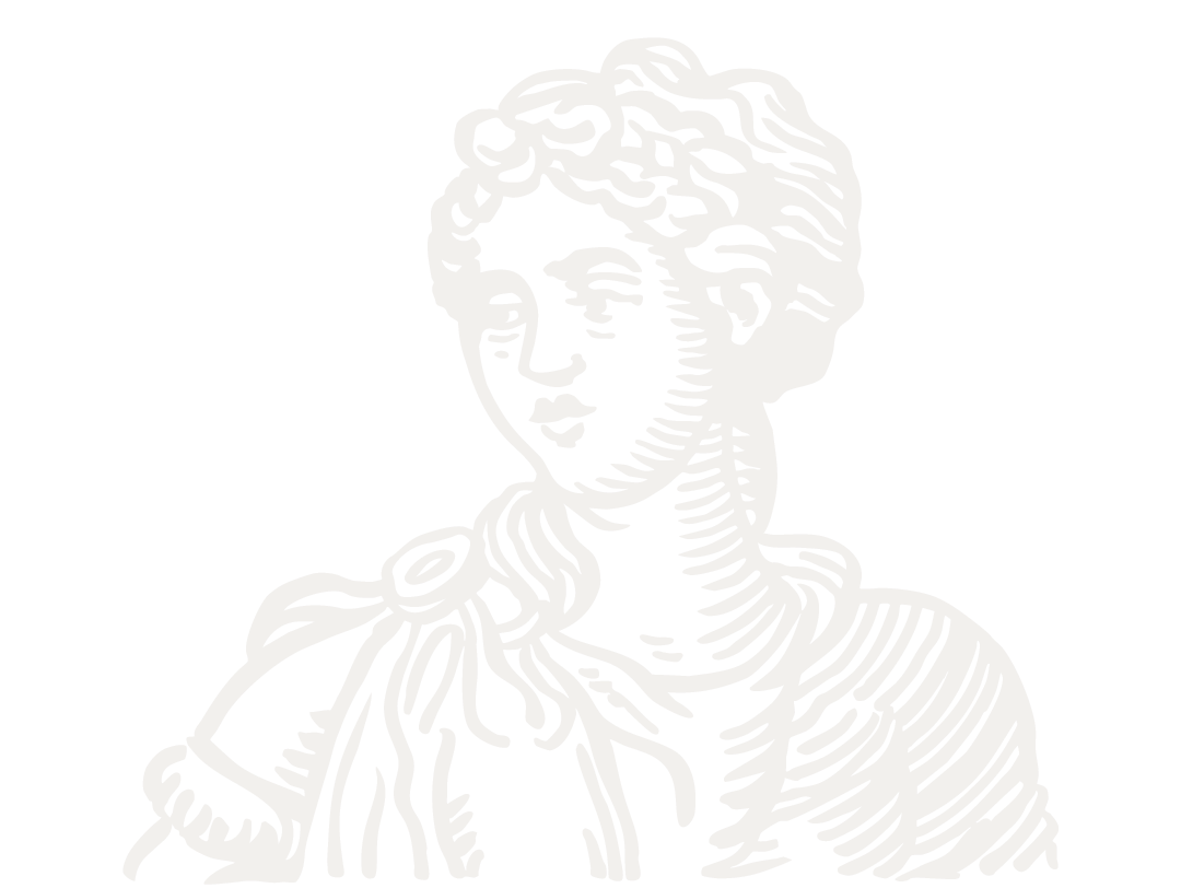 A white, stylized line-art illustration of a person's head and shoulders in a classical, antique sculpture style.