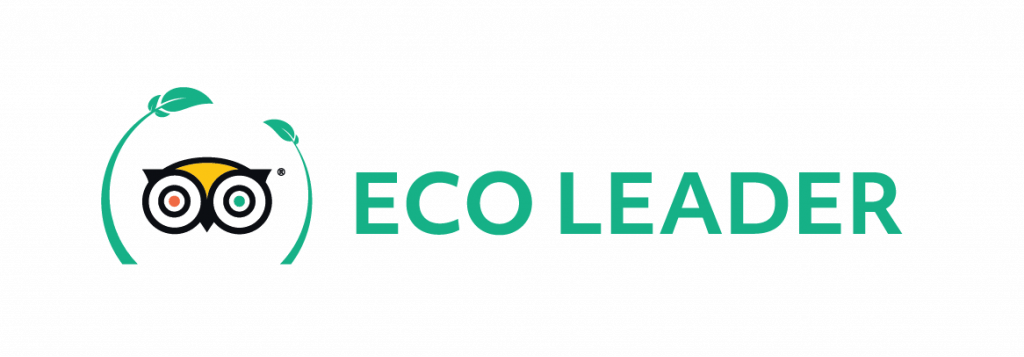 Tripadvisor EcoLeader logo featuring a stylized owl face framed by green leaves, next to the green text