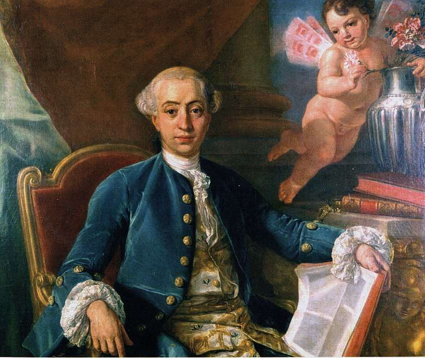 An oil portrait of a person in a blue coat sitting with a book, with a small winged figure behind them.