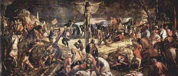 A chaotic, dark painting of the Crucifixion of Christ, showing a bustling, crowded scene with figures in period dress.