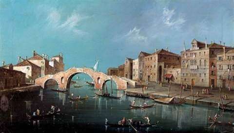 A painted view of a Venetian canal, featuring a stone arched bridge, gondolas on the water, and historic buildings.