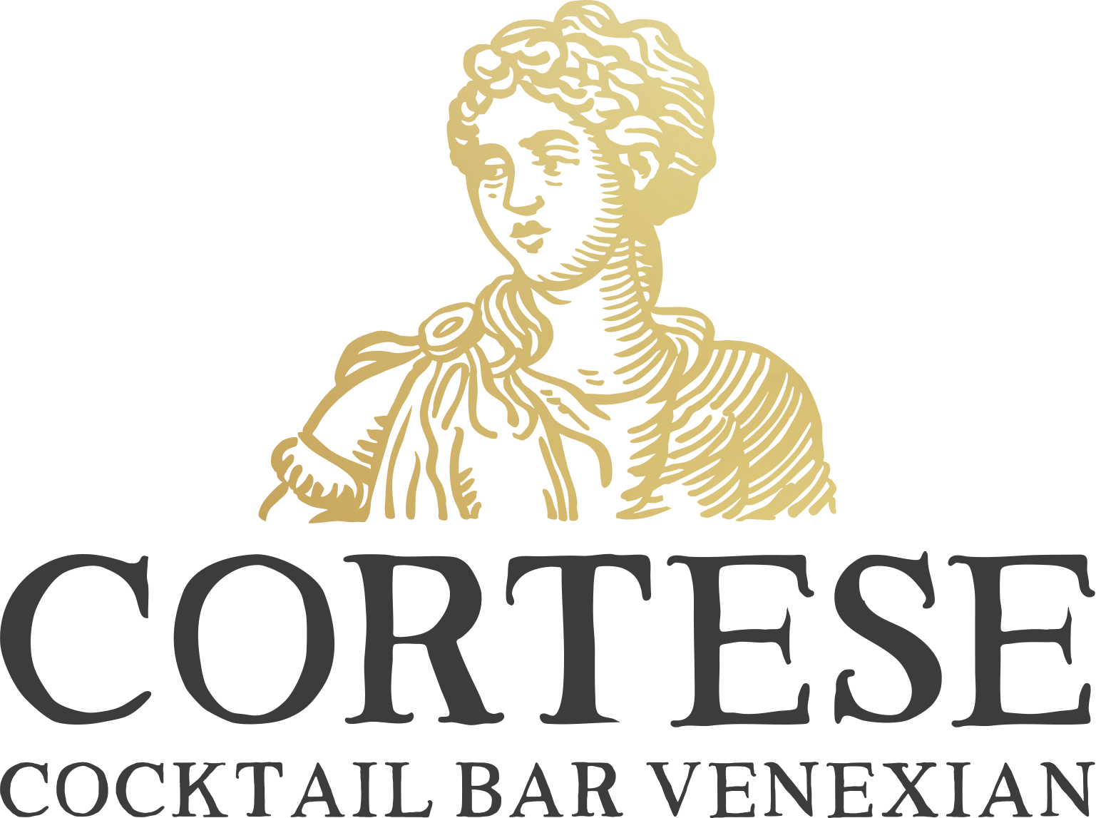Logo featuring a gold classical statue head above the text 