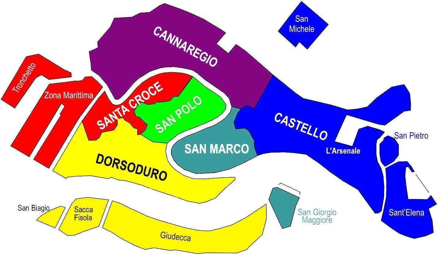A colorful, labeled map of the six sestieri (districts) of Venice, Italy.