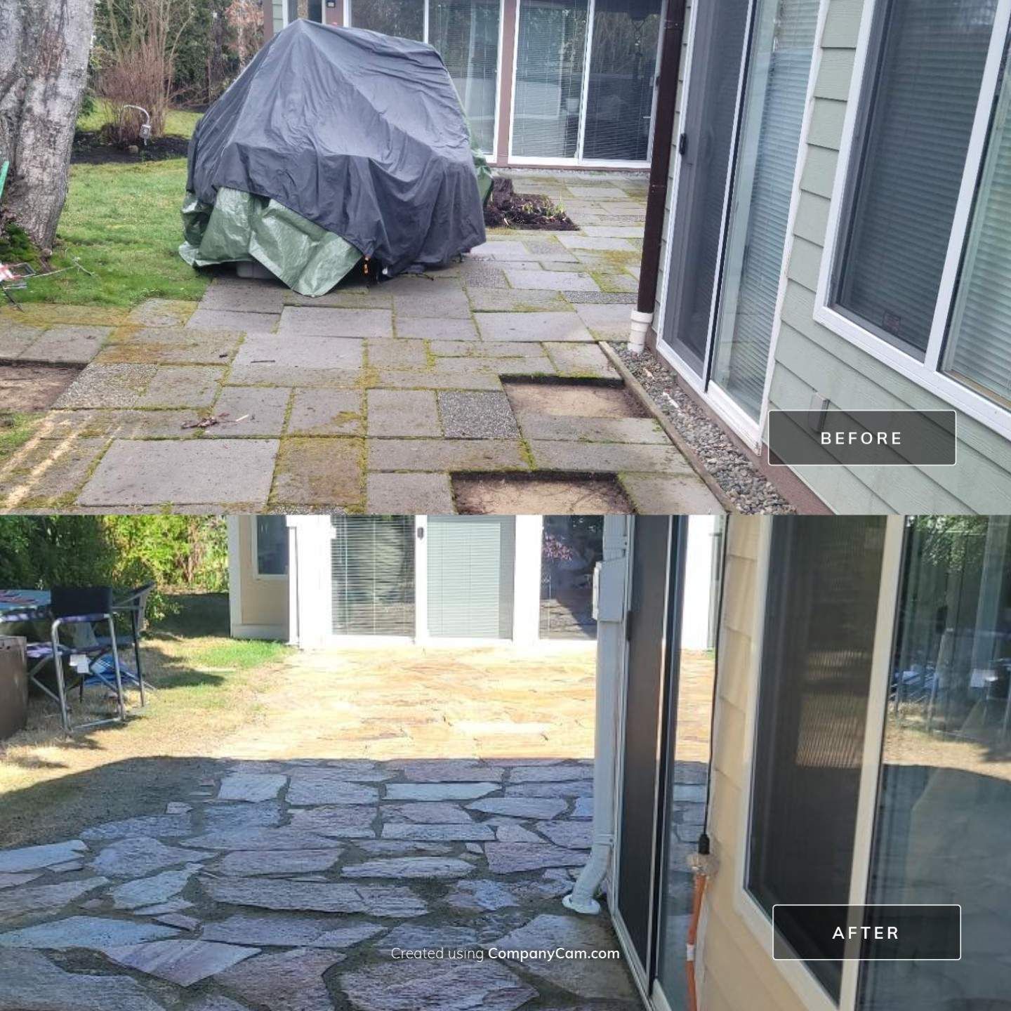 A before and after photo of a backyard patio