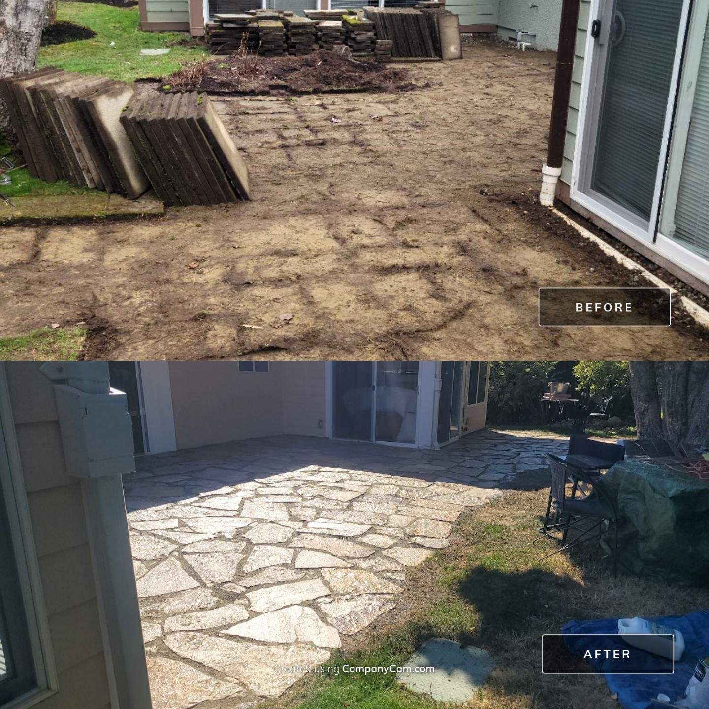 A before and after photo of a stone patio