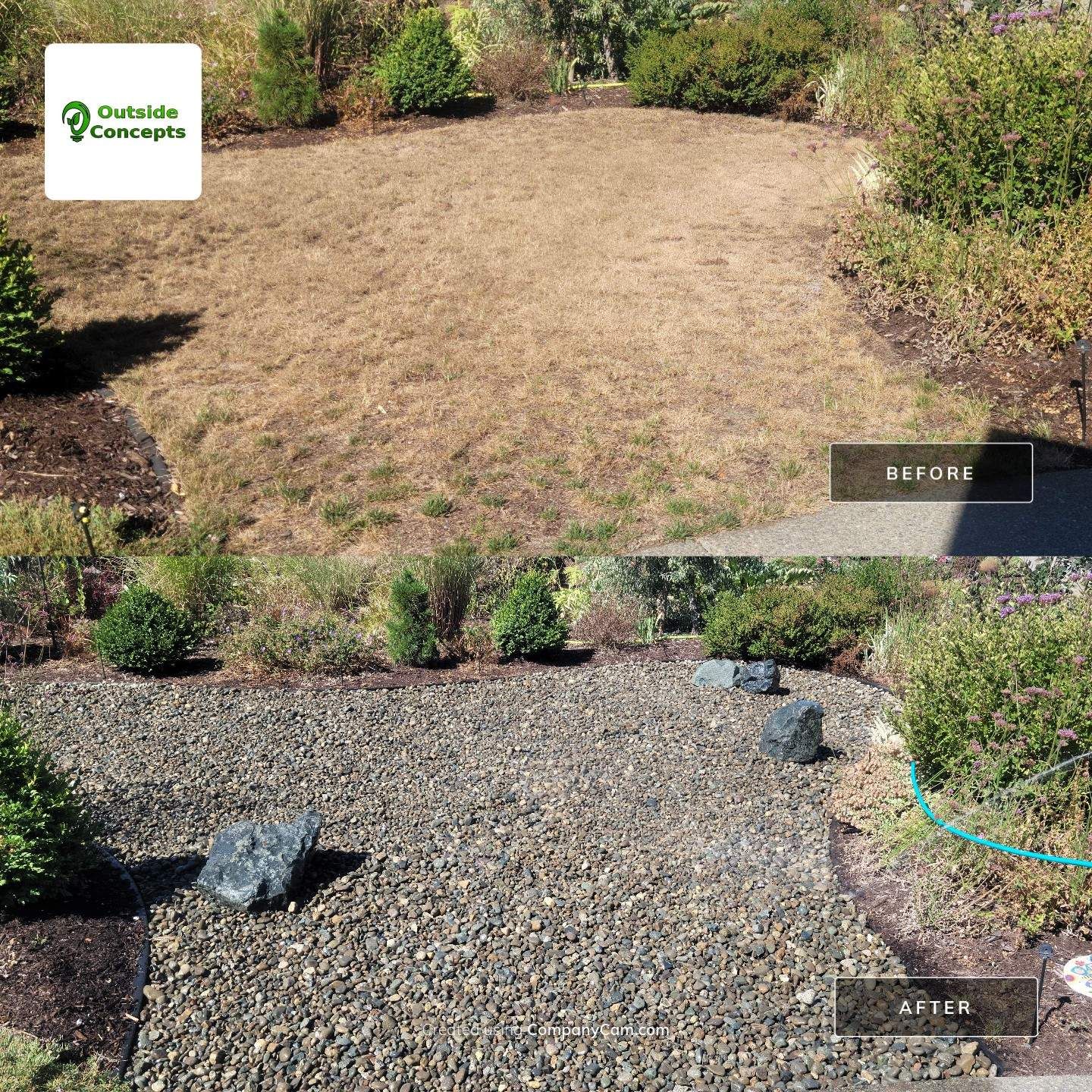 A before and after photo of a gravel yard