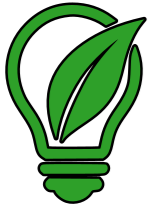 A green light bulb with a green leaf inside of it.