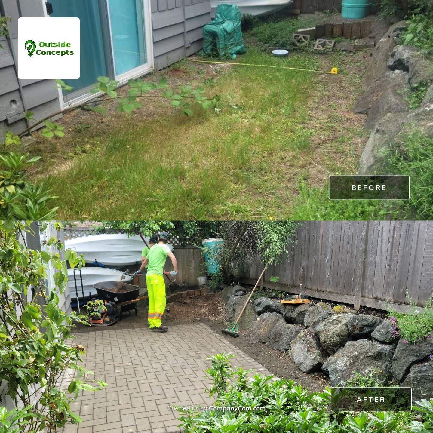 A before and after picture of a lawn being maintained.