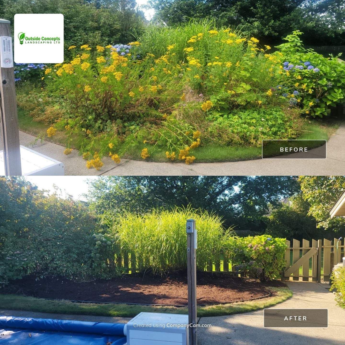 A before and after photo of a garden with a fence