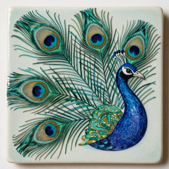 Close-up of hand-painted peacock feather tile