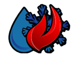 Blue water droplet next to blue ice crystals and red flame, representing heating, cooling, and water.