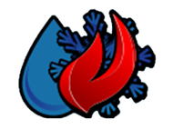 Blue water droplet next to blue ice crystals and red flame, representing heating, cooling, and water.
