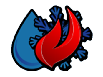 Blue water droplet next to blue ice crystals and red flame, representing heating, cooling, and water.
