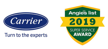 Carrier logo next to an Angie's List Super Service Award badge from 2019.