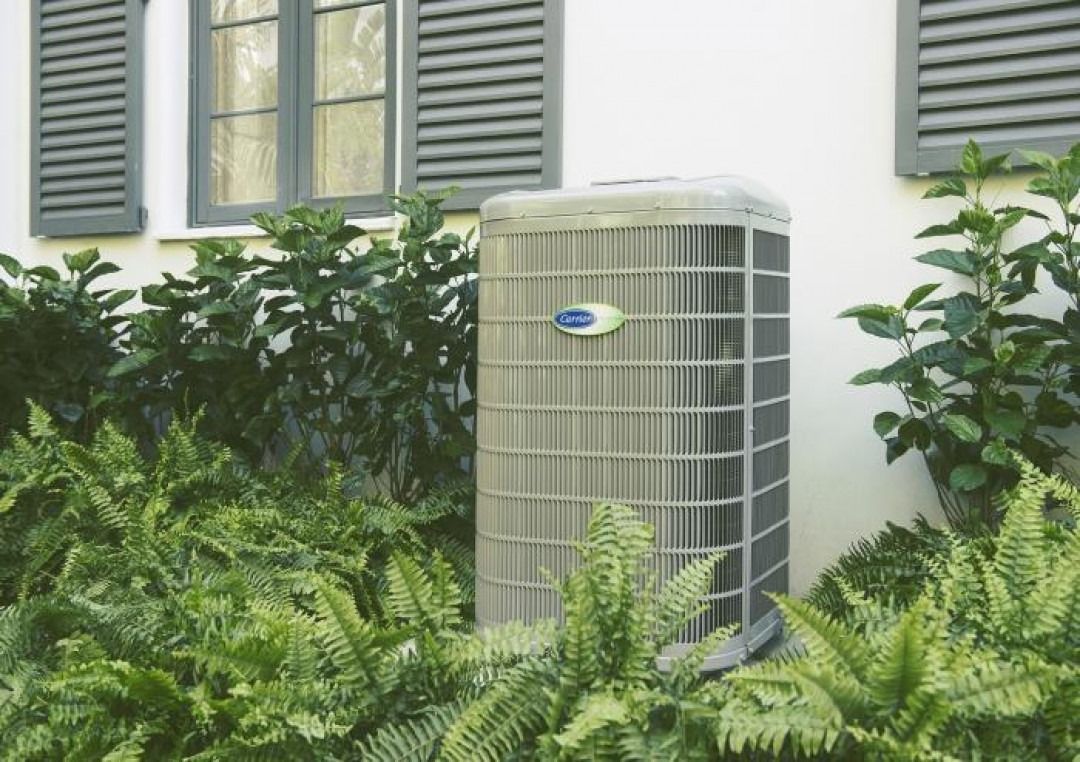 Air conditioning unit outside a house, surrounded by green plants.