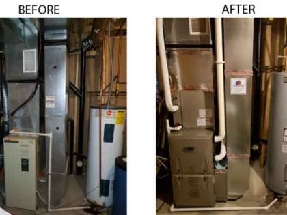 Before-and-after of HVAC system and water heater in a utility room. Silver metal, white pipes, gray heater.