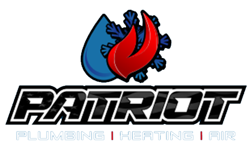 Logo for Patriot Plumbing, Heating, Air: blue water drop, snowflake, red flame, and text on a white background.