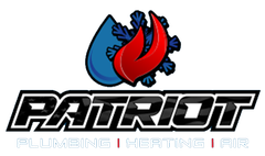 Logo for Patriot Plumbing, Heating, Air: blue water drop, snowflake, red flame, and text on a white background.