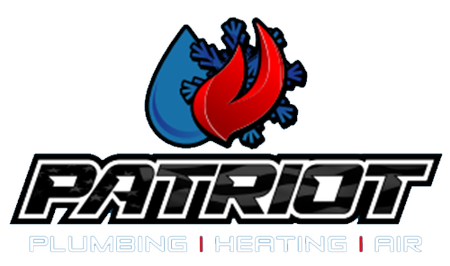 Logo for Patriot Plumbing, Heating, Air: blue water drop, snowflake, red flame, and text on a white background.