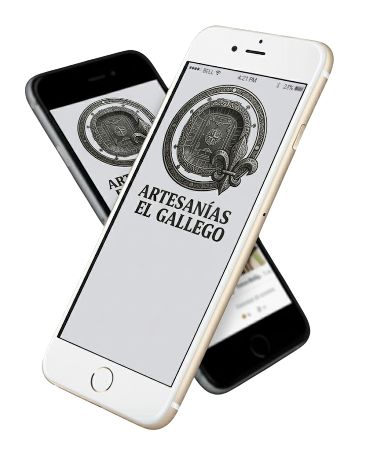 Tres teléfonos inteligentes superpuestos que muestran el logotipo de “ARTESANÍAS EL GALLEGO” en sus pantallas.