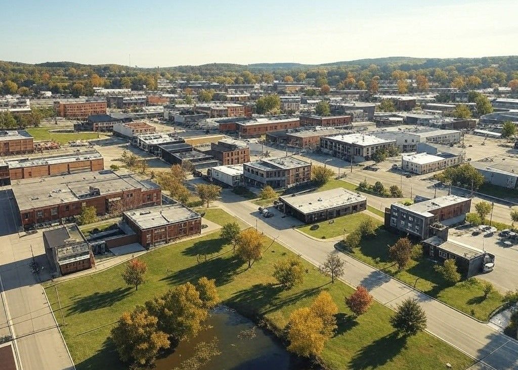 An aerial view of a city with lots of buildings and trees