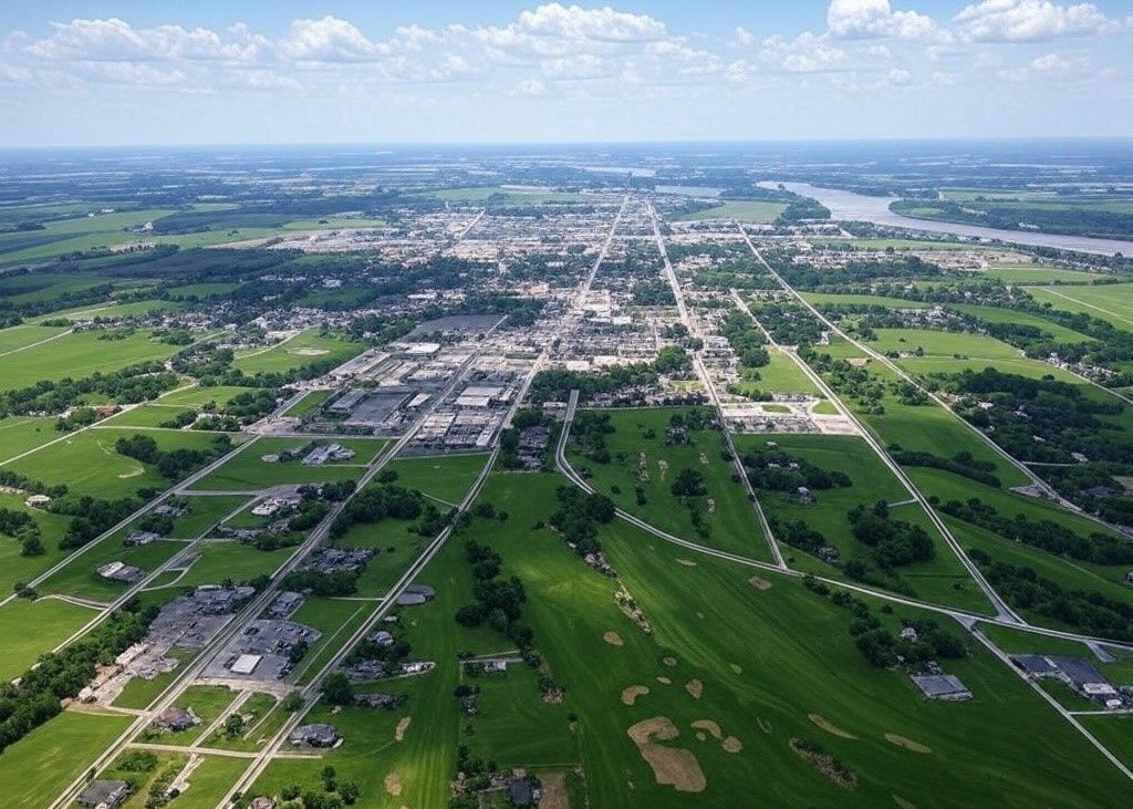 An aerial view of a city surrounded by green fields and trees